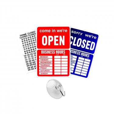 Open/Close Business Sign with Suction Cup & Hours 